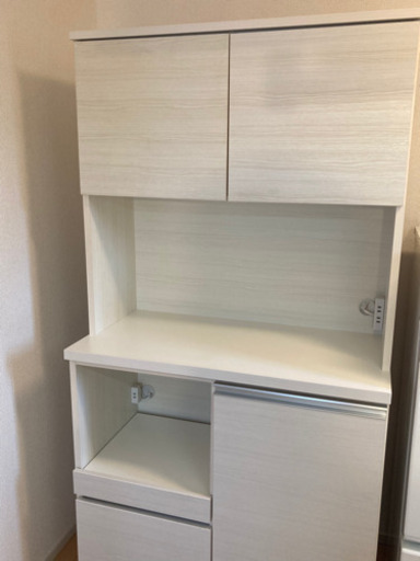 【契約済み】(幅90cm)食器棚/キッチンボード/レンジ台(カラー:ナチュラルホワイト木目調)
