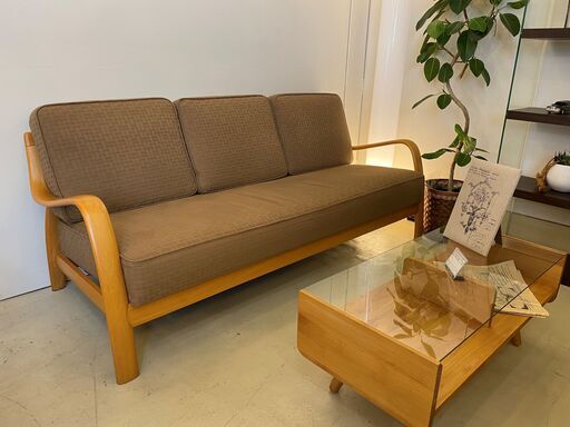 ソファ 木枠ソファ 木製フレーム ブラウン系×ナチュラル 3シーター 中古品