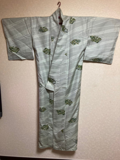 5MKO381  袷  着物  小紋 扇柄  付け下げ  エメラルドグリーン