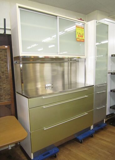 R091 キッチンボード、食器棚2点セット、カウンター面ステンレス 幅40cm+120cm