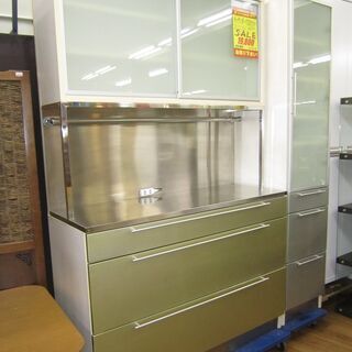 R091 キッチンボード、食器棚2点セット、カウンター面ステンレス 幅40cm+120cm
