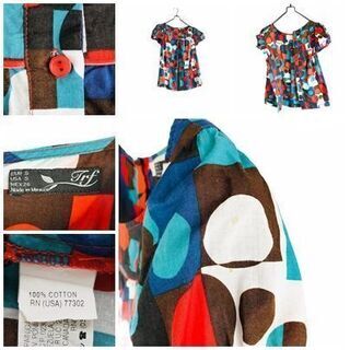 古着＊青緑や赤＊幾何学模様 ＊パフスリーブ 半袖＊ブラウス＊S＊レトロの画像