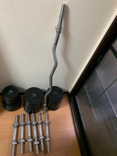 【値下げしました】ラバープレート90kg　ダンベルバー　Wバー