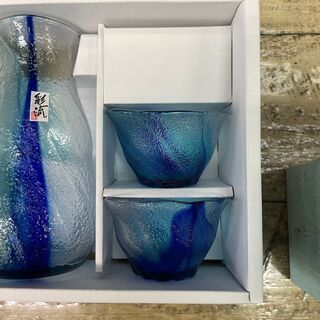 決まりました　未使用　東洋ガラス 彩流 酒器 冷酒  徳利 お猪口 ぐい呑 グラデーション ブルー ガラス 盃 3点 晩酌の画像