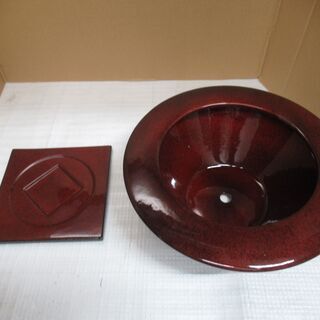 美品　未使用品　陶器　植木鉢 ミニ盆栽鉢 受け皿セット　2.1㎏　コンパクト　約幅29㎝×高さ11㎝　生け花　ブラウン　茶色　丸鉢の画像