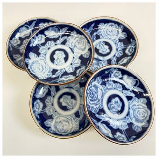 印判小皿　バラ模様　せともの　五枚組　大正昭和初期　花　植物