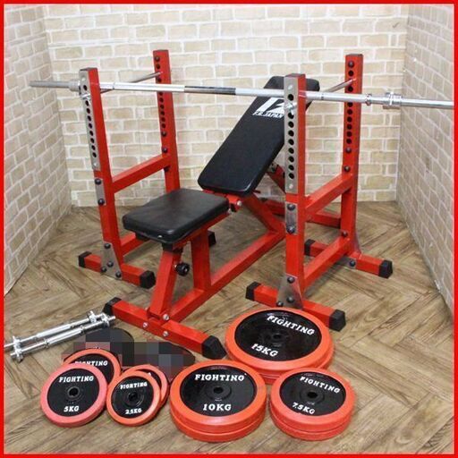 状態良好 FIGHTING ROAD/ファイティングロード フラットインクラインベンチ－ＴRUST+セーフティーラック TRUST+ラバープレート80Kg＋バーベルシャフト 1本+ダンベルシャフト 2本 手渡し希望/自社配送可能（配送エリアについてお問い合わせください）