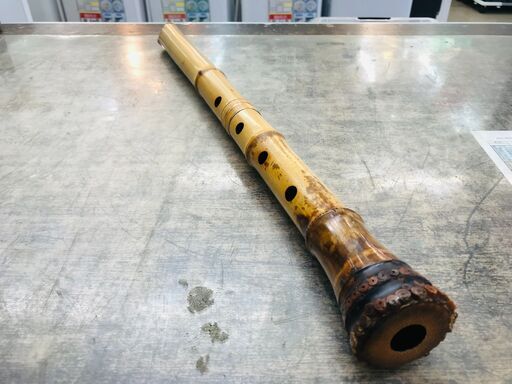 容山作 尺八 54cm 2印 歌口金縁 藤巻き銀三線