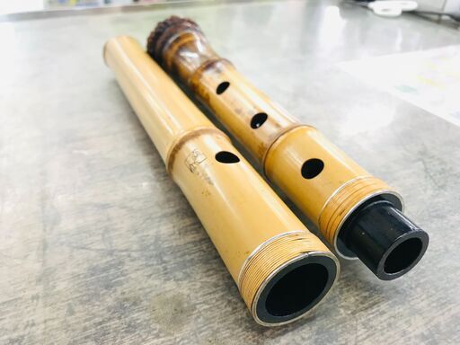 容山作 尺八 54cm 2印 歌口金縁 藤巻き銀三線