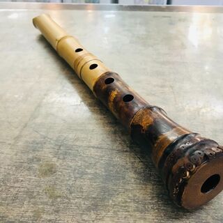 容山作 尺八 45cm 2印 歌口金縁 藤巻き銀三線