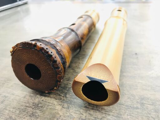 容山作 尺八 45cm 2印 歌口金縁 藤巻き銀三線