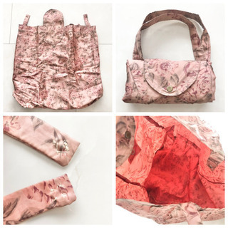 【ネット決済・配送】ハンドメイド　エコバッグ　手作り　花柄　エコロジー　トート　ハンド　布地　シルク　ミディアムサイズ　便利　軽い　軽量　ピンク Handmade eco ecology bag flower print silk cloth tote handbag medium size convenientの画像