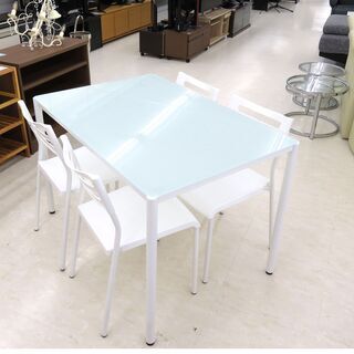北海道/千歳市 ガラス天板ダイニングテーブルセット ホワイト 4人掛け