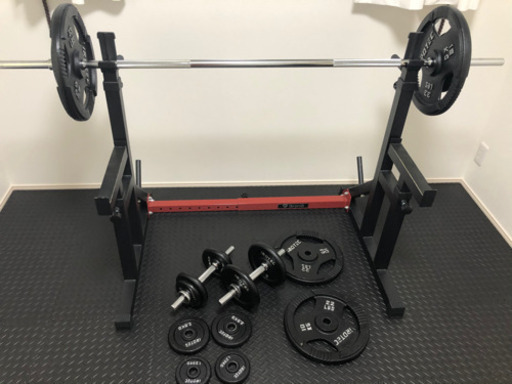 値下げしました。アイロテック100kgベンチセット、ダンベルセット、グロングバーベルベンチラック