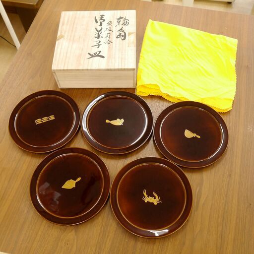 レア 40年以上物 能登 輪島塗 本漆塗 菓子皿 銘々皿  清鳳堂 北濱 一清 作 5枚セット 絵変わり 魚 蒔絵 美品