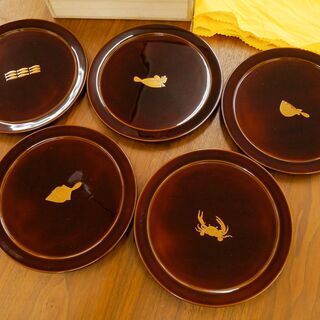 未使用】輪島塗 五島屋謹製 山水蒔絵 兼用皿 5客 楕円皿/楕円盆/