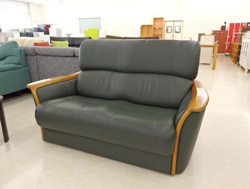 千歳市/恵庭市 浜本工芸 二人掛け 本革 リビングソファ モスグリーン系 楢材 2Pソファ