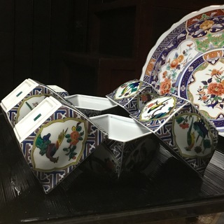 九谷焼 青郊窯　色絵鳥文角小鉢　7客