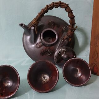 ★ 年代物 未使用品 黒千代香 盃3個付 酒器 指宿長太郎作 鹿児島 薩摩 ★の画像