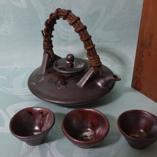 ★ 年代物 未使用品 黒千代香 盃3個付 酒器 指宿長太郎作 鹿児島 薩摩 ★の画像