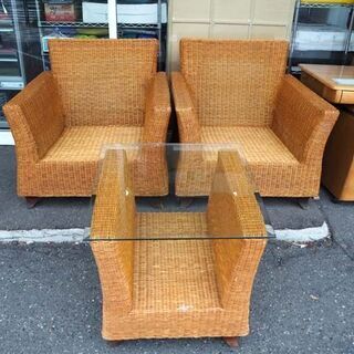 ◇ラタン 3点セット 籐 一人掛けソファ×2脚 ガラス付テーブル チェア