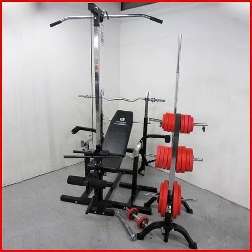 状態良好 FIGHTING ROAD/ファイティングロード キング of ベンチ+プレートツリー+セーフティーラック＋ラバプレート90Kg+バーベルシャフト 1本+Wバーベルシャフト 1本+ダンベルシャフト 2本 手渡し希望/自社配送可能（配送エリアについてお問い合わせください )