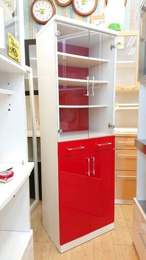 ★ スリム食器棚 ガラスキャビネット 収納 赤 レッド×ホワイト 57.9×40×178.5cm☆近隣配送無料 買取帝国 朝霞店