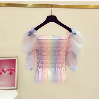 韓国風、可愛い　虹色　レディース Tシャツ カットソー 半袖の画像