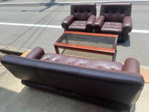 中古 美品 応接セット リビングセット 牛革 3人掛け 1人掛け(家1-16)