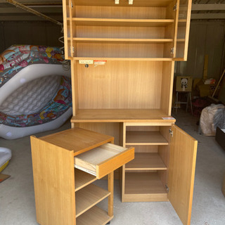 無印良品】食器棚 木製カップボードワゴン付き 天然木 タモ材