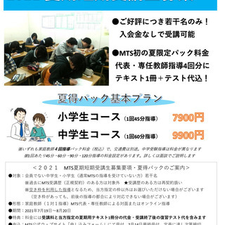 プロ講師（代表）と個人契約！家庭教師のMTS　夏期のみ短期受講生...
