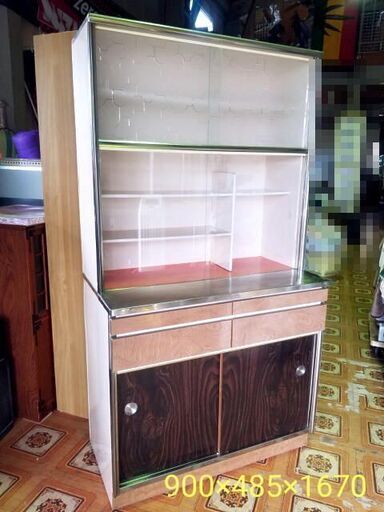 昭和レトロ ガラス 食器棚 水屋箪笥 アンティーク 作業台付き食器棚