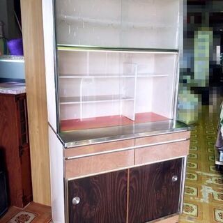 昭和レトロ ガラス 食器棚 水屋箪笥 アンティーク 作業台付き食器棚