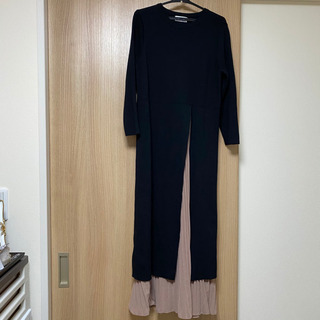 値下げ！スリット入り☆ニットワンピースプリーツシフォン韓国服☆ブ...