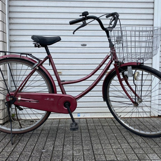 【中古自転車】26インチ変速なし　ワインレッド　前タイヤ、カゴ、...