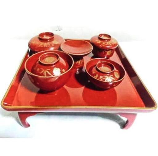 貴重品　木製　漆器　寿　壽　お祝膳・お食い初め　盆付き　セット\n\n経年自宅で保管してありました。\n古い品物ですが使用は少ないようでいちじるしく目立つ傷みや薪絵ははげ等は見当たりません