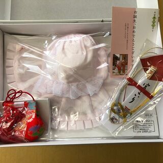 お宮参り　４点セット　帽子　スタイ　お守り袋　のし扇子　(A305)