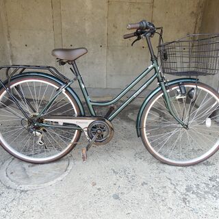 程度極上　特大カゴ　26インチシティーサイクル　中古　グリーン　切替つきの画像