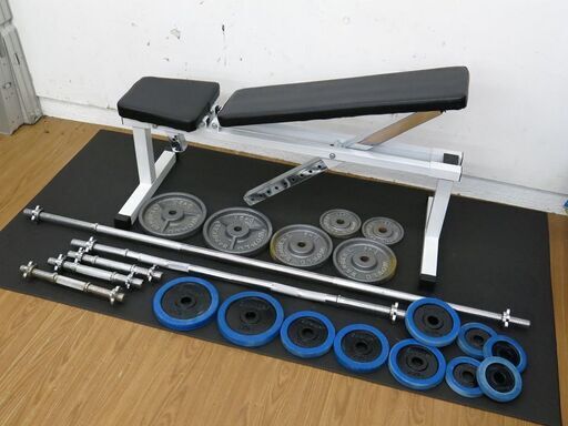 引取限定◆トレーニングベンチ+バーベル+ダンベルセット◆プレート計52.5kg/エクササイズ/鳥取市
