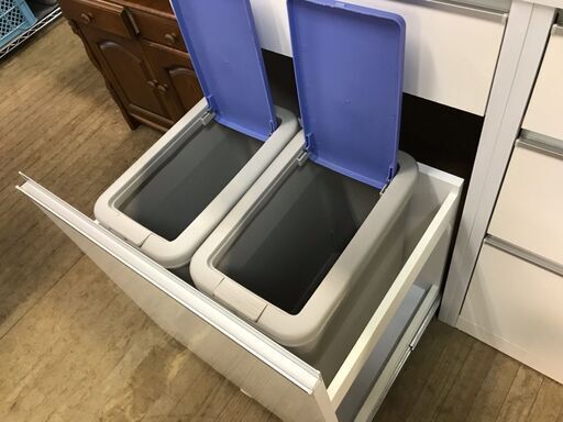 キッチンカウンター　レンジ台　食器棚　ダストボックス収納　スライドレール引き出し　ゴミ箱　ホワイト