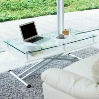 美品取説付き】ガラス二重天板 昇降式 テーブル ホワイト