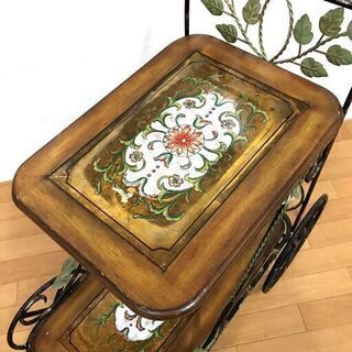 アンティーク調 キッチンワゴン 配膳カート ガラス天板 木製×金属