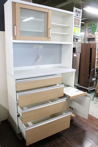 ハイタイプキッチンボード 下段全ブル 上下段モイス 木目 ホワイト/ナチュラル レンジボード 幅120  食器棚 中古家具 店頭引取歓