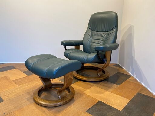 EKORNES エコーネス 北欧 ノルウェー リクライニングチェア 本革 ソファ オットマン付き ストレスレスチェア グリーン 中古品