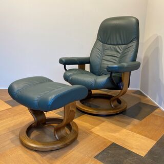 EKORNES エコーネス 北欧 ノルウェー リクライニングチェア 本革 ソファ オットマン付き ストレスレスチェア グリーン 中古品
