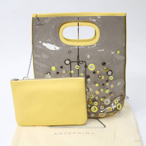 t158)ANTEPRIMA ビニール レザー ハンドバッグ クラッチバッグ ビジュー イエロー ポーチ付き レディース アンテプリマ クリア 保存袋付き