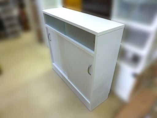 【自社配送は札幌市内限定】カウンター下収納棚 ホワイト 幅89×高さ85×奥行27cm ガラス戸 キッチン収納 食器棚 中古【USED