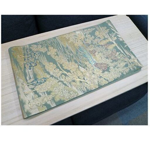 【袋帯 約430cm 金糸 六通帯】うぐいす色系 金彩 植物柄 風景柄 仕立て上がり 和装 着物 きもの