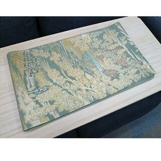 【袋帯 約430cm 金糸 六通帯】うぐいす色系 金彩 植物柄 風景柄 仕立て上がり 和装 着物 きものの画像