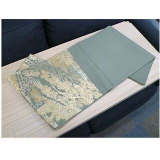 【袋帯 約430cm 金糸 六通帯】うぐいす色系 金彩 植物柄 風景柄 仕立て上がり 和装 着物 きものの画像